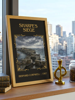 Sharpe's Siege Classic Book Art Print by Bernard Cornwell – framed print on a city-view windowsill