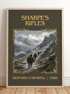 Sharpe's Rifles Classic Book Art Print by Bernard Cornwell – framed print leaning on a wooden floor