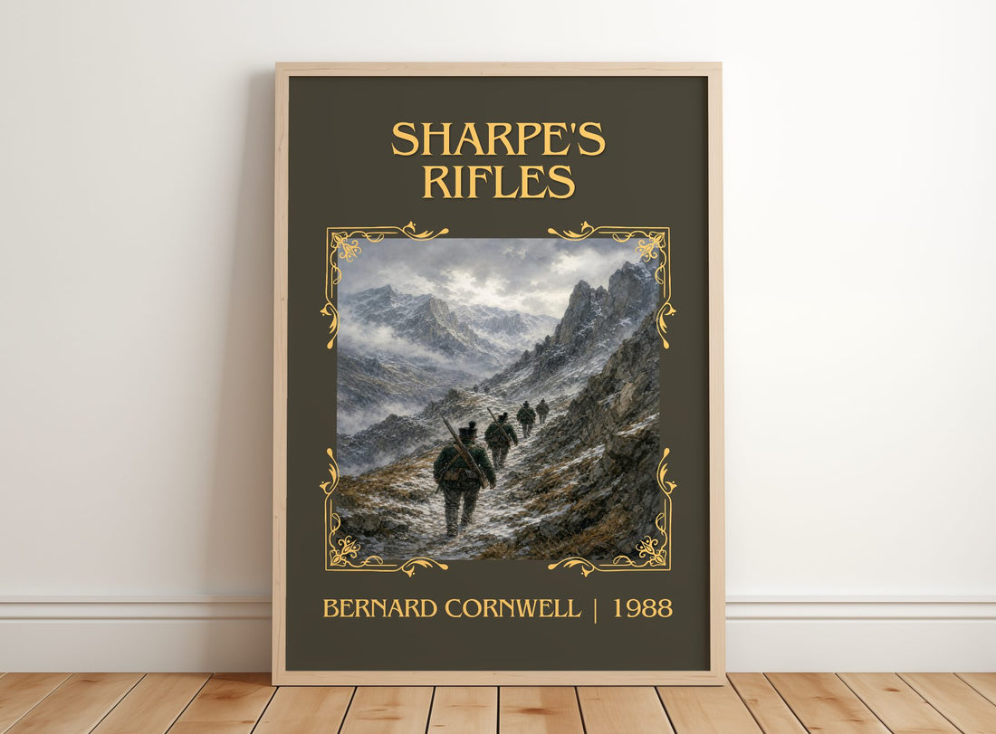 Sharpe's Rifles Classic Book Art Print by Bernard Cornwell – framed print leaning on a wooden floor