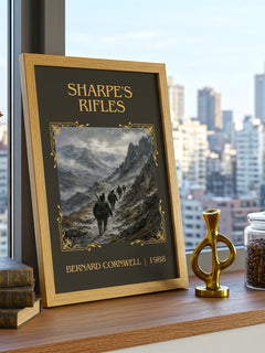 Sharpe's Rifles Classic Book Art Print by Bernard Cornwell – framed print on a city-view windowsill