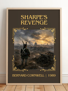 Sharpe's Revenge Classic Book Art Print by Bernard Cornwell – framed print leaning on a wooden floor