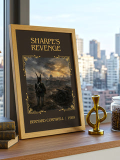 Sharpe's Revenge Classic Book Art Print by Bernard Cornwell – framed print on a city-view windowsill
