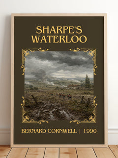 Sharpe's Waterloo Classic Book Art Print by Bernard Cornwell – framed print leaning on a wooden floor
