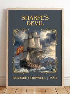 Sharpe's Devil Classic Book Art Print by Bernard Cornwell – framed print leaning on a wooden floor