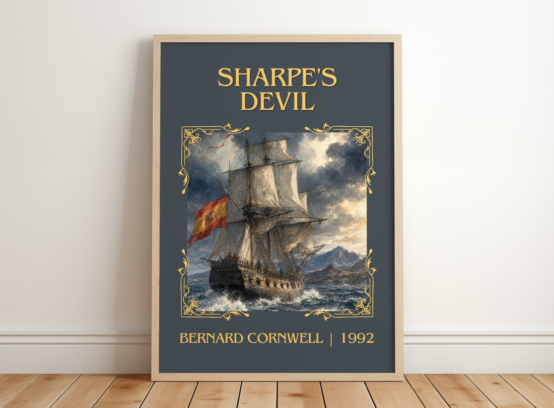 Sharpe's Devil Classic Book Art Print by Bernard Cornwell – framed print leaning on a wooden floor
