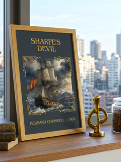 Sharpe's Devil Classic Book Art Print by Bernard Cornwell – framed print on a city-view windowsill