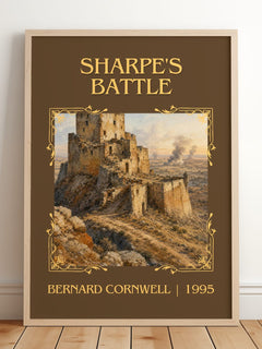 Sharpe's Battle Classic Book Art Print by Bernard Cornwell – framed print leaning on a wooden floor