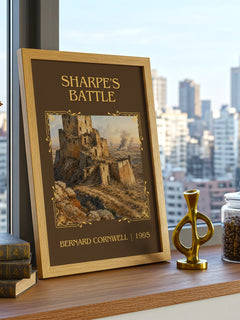 Sharpe's Battle Classic Book Art Print by Bernard Cornwell – framed print on a city-view windowsill