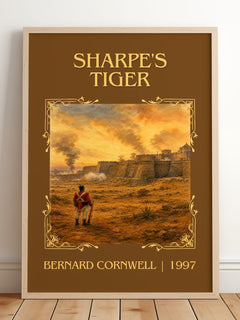 Sharpe's Tiger Classic Book Art Print by Bernard Cornwell – framed print leaning on a wooden floor