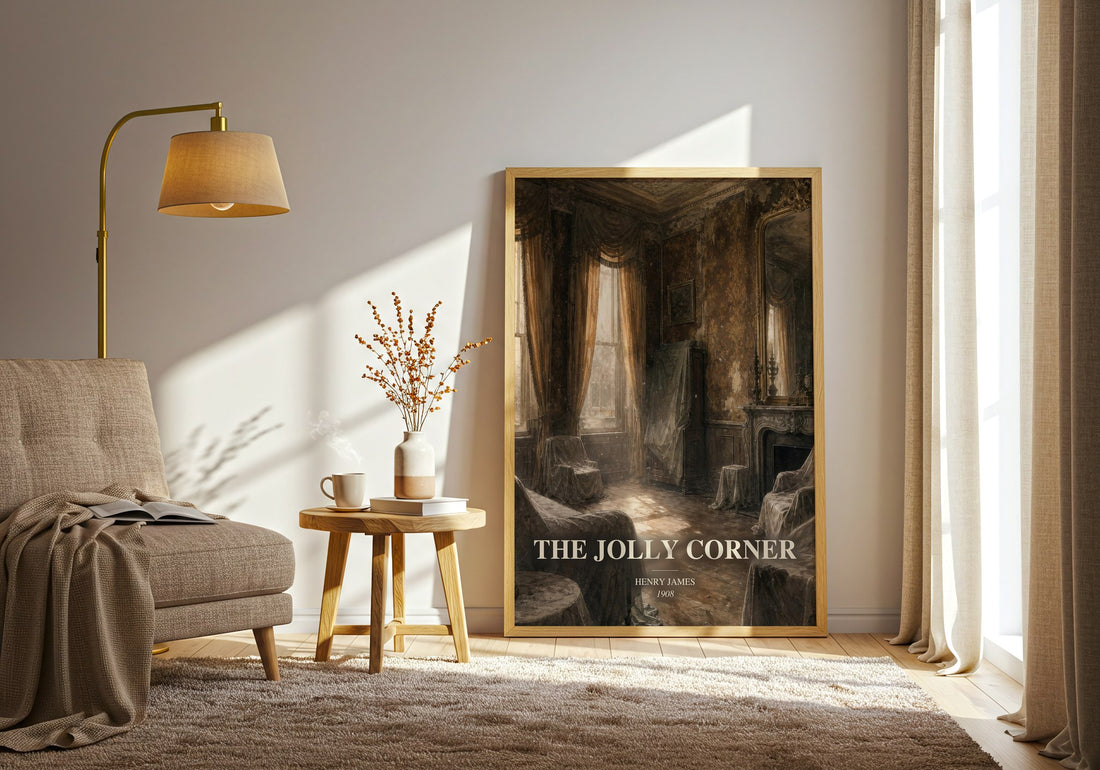 The Jolly Corner watercolour print in frame leaning in hallway – classic literature wall art (mockup)