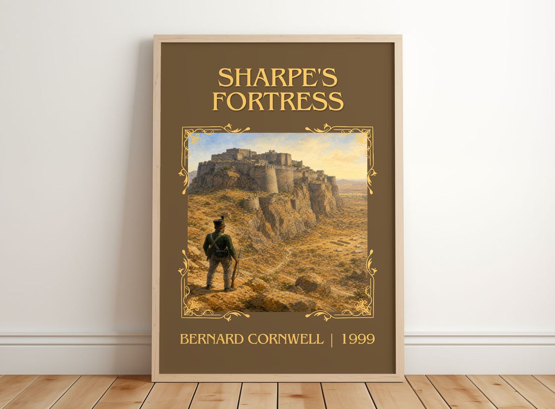 Sharpe's Fortress Classic Book Art Print by Bernard Cornwell – framed print leaning on a wooden floor