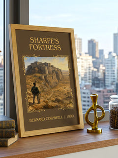 Sharpe's Fortress Classic Book Art Print by Bernard Cornwell – framed print on a city-view windowsill