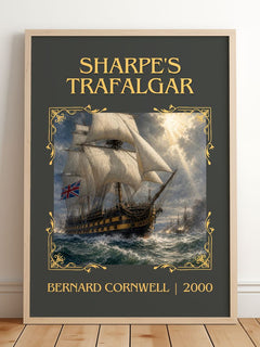 Sharpe's Trafalgar Classic Book Art Print by Bernard Cornwell – framed print leaning on a wooden floor