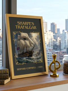 Sharpe's Trafalgar Classic Book Art Print by Bernard Cornwell – framed print on a city-view windowsill