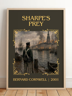 Sharpe's Prey Classic Book Art Print by Bernard Cornwell – framed print leaning on a wooden floor