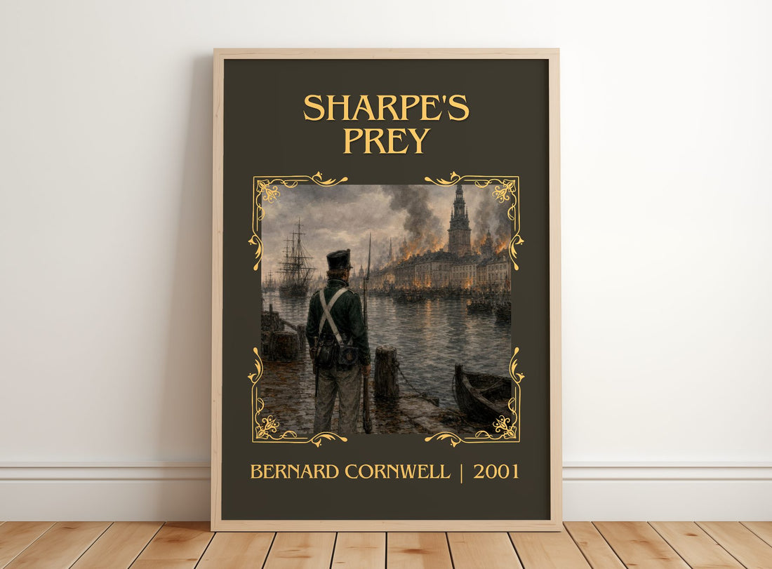 Sharpe's Prey Classic Book Art Print by Bernard Cornwell – framed print leaning on a wooden floor