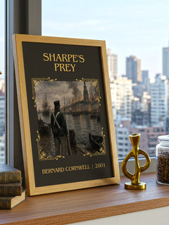 Sharpe's Prey Classic Book Art Print by Bernard Cornwell – framed print on a city-view windowsill