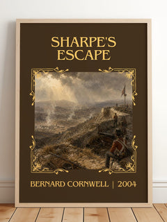 Sharpe's Escape Classic Book Art Print by Bernard Cornwell – framed print leaning on a wooden floor