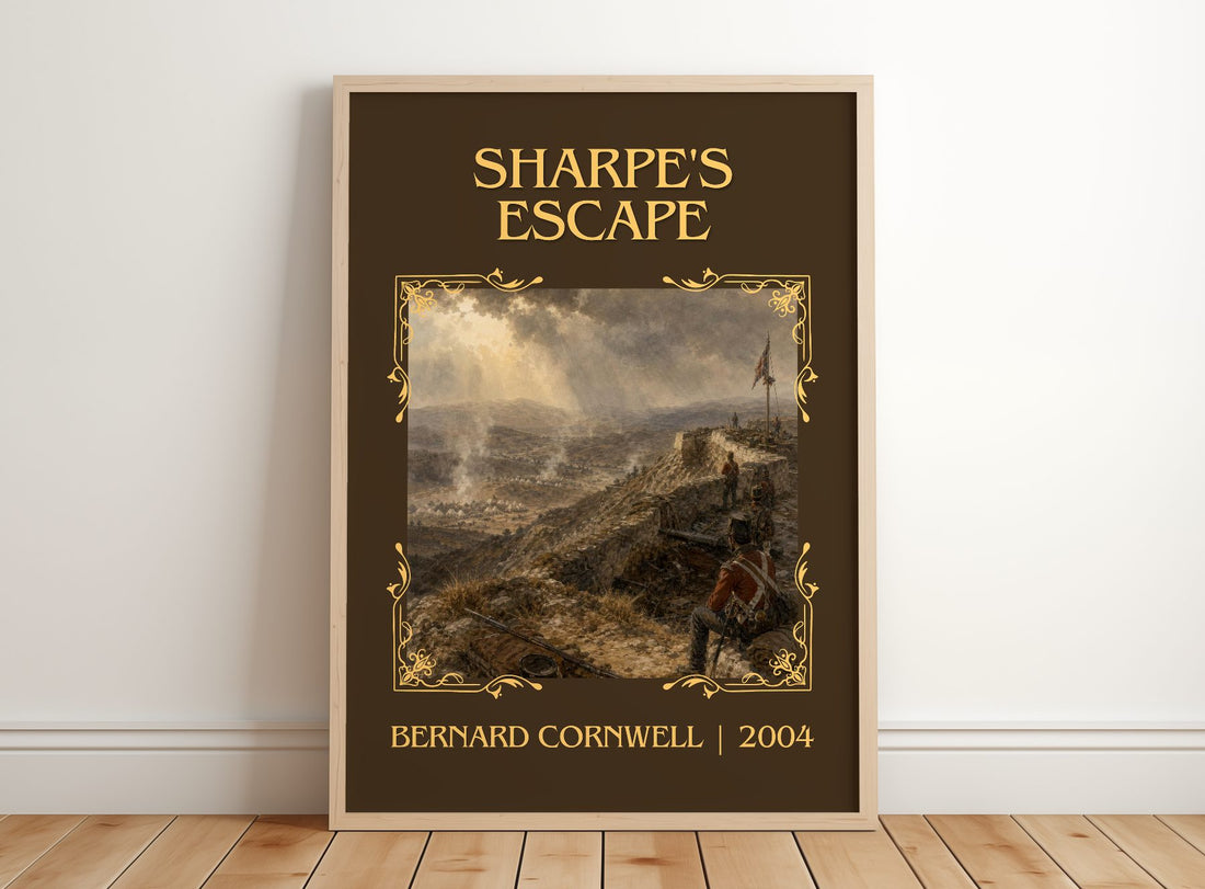 Sharpe's Escape Classic Book Art Print by Bernard Cornwell – framed print leaning on a wooden floor