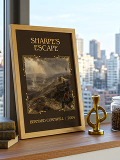 Sharpe's Escape Classic Book Art Print by Bernard Cornwell – framed print on a city-view windowsill