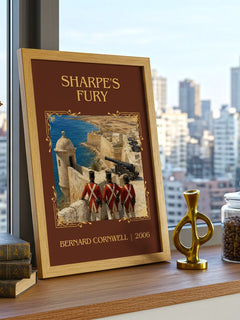 Sharpe's Fury Classic Book Art Print by Bernard Cornwell – framed print on a city-view windowsill
