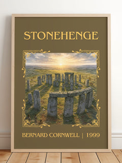 Stonehenge Classic Book Art Print by Bernard Cornwell – framed print leaning on a wooden floor