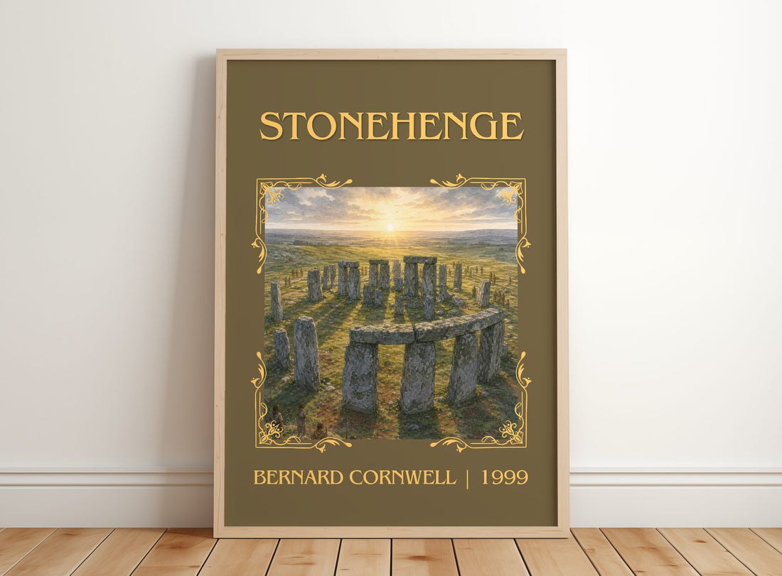 Stonehenge Classic Book Art Print by Bernard Cornwell – framed print leaning on a wooden floor