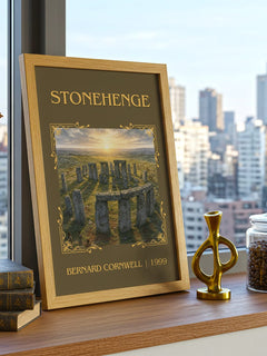 Stonehenge Classic Book Art Print by Bernard Cornwell – framed print on a city-view windowsill