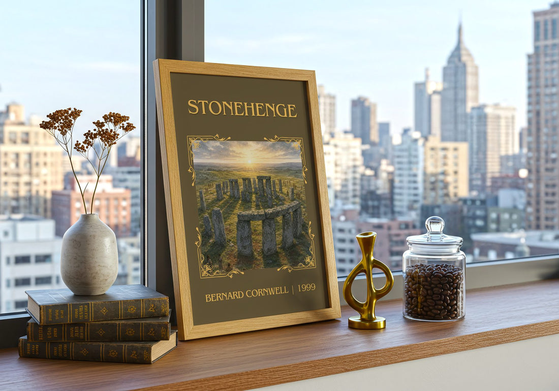 Stonehenge Classic Book Art Print by Bernard Cornwell – framed print on a city-view windowsill