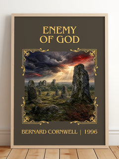 Enemy of God Classic Book Art Print by Bernard Cornwell – framed print leaning on a wooden floor