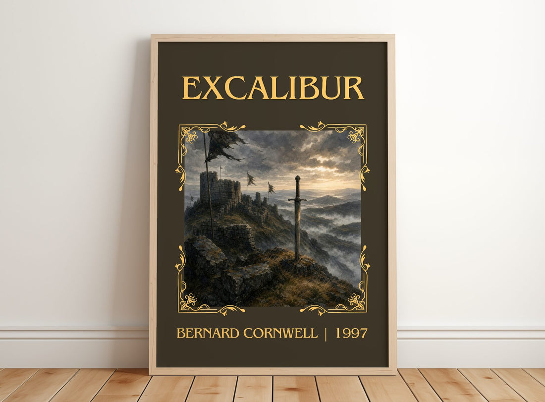 Excalibur Classic Book Art Print by Bernard Cornwell – framed print leaning on a wooden floor