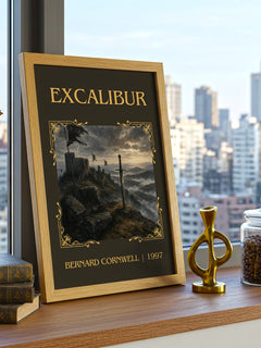 Excalibur Classic Book Art Print by Bernard Cornwell – framed print on a city-view windowsill