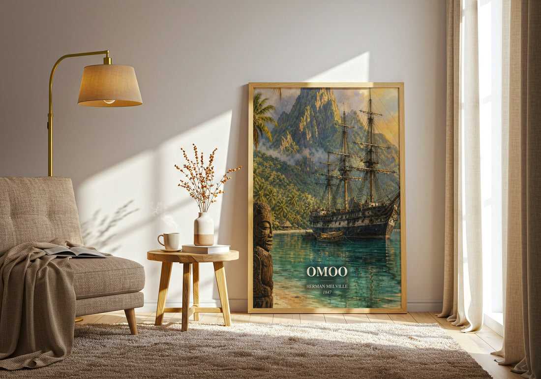 Omoo watercolour print in frame leaning in hallway – adventure wall art (mockup)