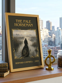 The Pale Horseman Classic Book Art Print by Bernard Cornwell – framed print on a city-view windowsill