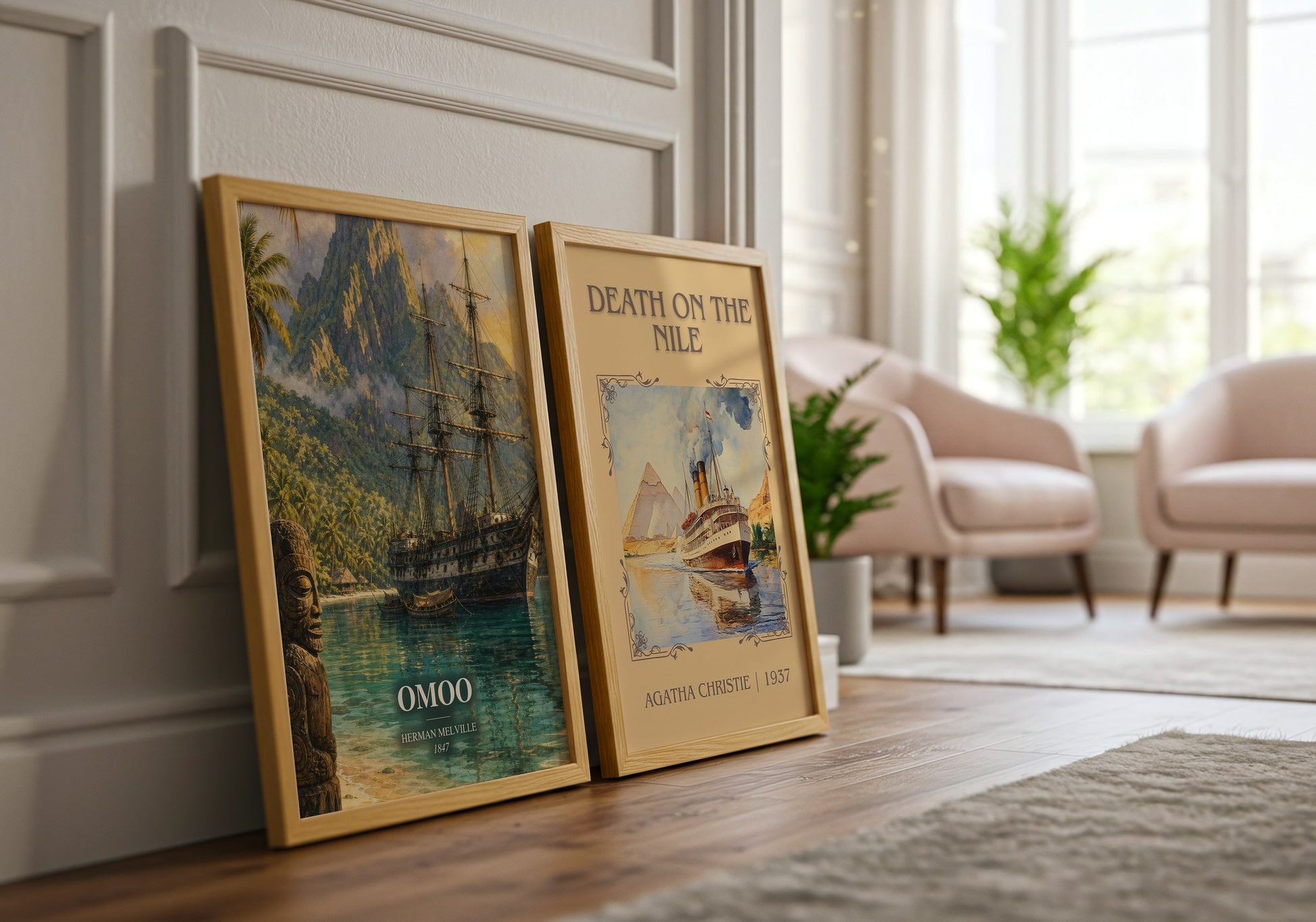 Omoo watercolour print framed by window – literary home decor