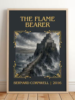 The Flame Bearer Classic Book Art Print by Bernard Cornwell – framed print leaning on a wooden floor