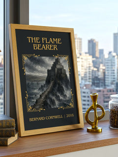 The Flame Bearer Classic Book Art Print by Bernard Cornwell – framed print on a city-view windowsill