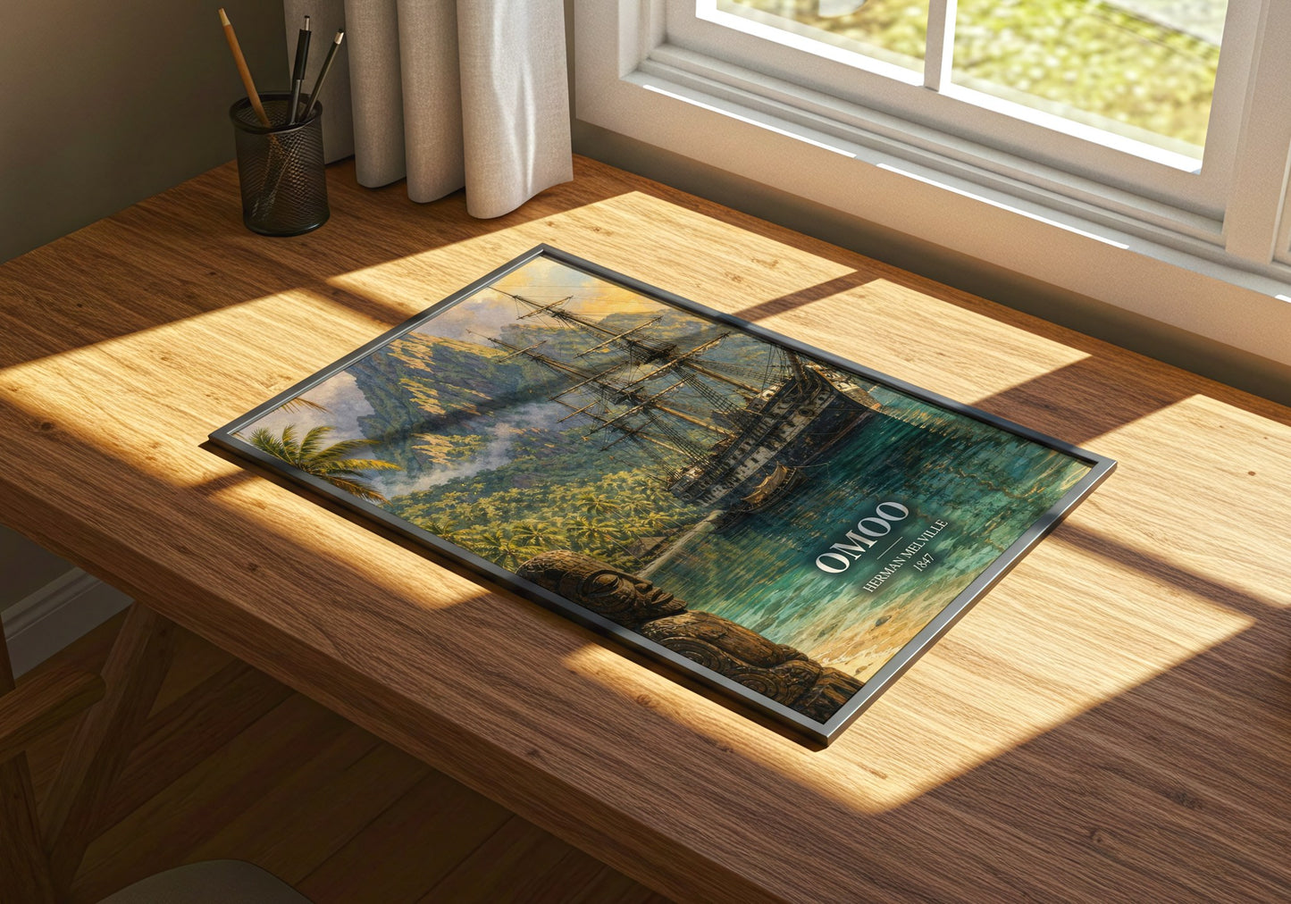Omoo watercolour book poster framed on wall – adventure wall art