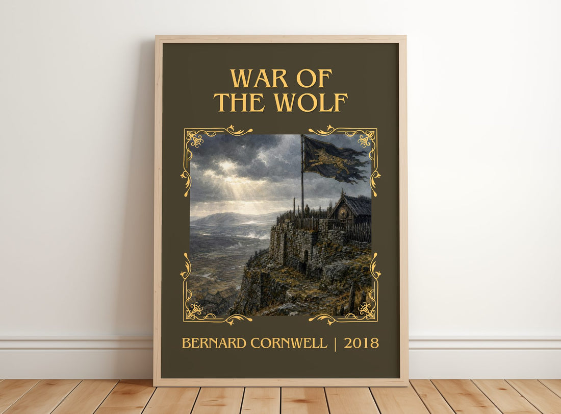 War of the Wolf Classic Book Art Print by Bernard Cornwell – framed print leaning on a wooden floor