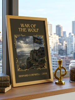 War of the Wolf Classic Book Art Print by Bernard Cornwell – framed print on a city-view windowsill