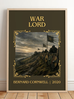 War Lord Classic Book Art Print by Bernard Cornwell – framed print leaning on a wooden floor