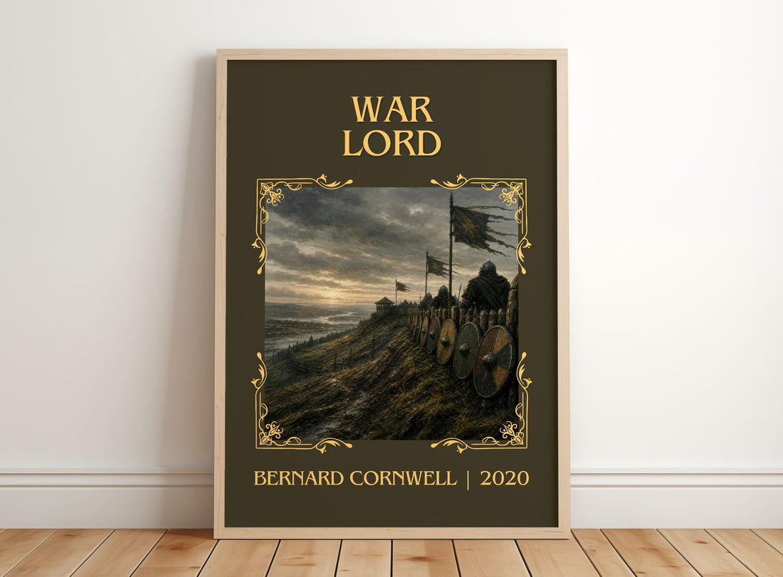 War Lord Classic Book Art Print by Bernard Cornwell – framed print leaning on a wooden floor