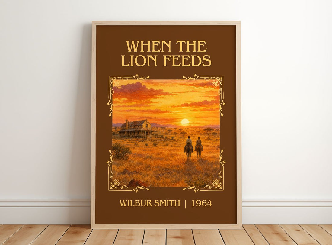 When the Lion Feeds Classic Book Art Print by Wilbur Smith – framed print leaning on a wooden floor
