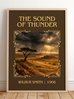 The Sound of Thunder Classic Book Art Print by Wilbur Smith – framed print leaning on a wooden floor