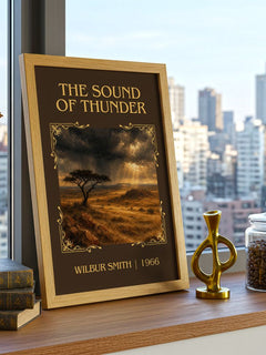 The Sound of Thunder Classic Book Art Print by Wilbur Smith – framed print on a city-view windowsill