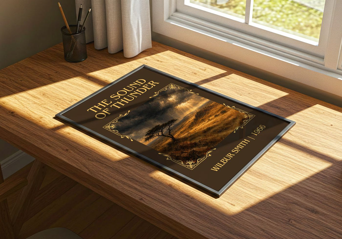 The Sound of Thunder Classic Book Art Print by Wilbur Smith – print on a sunlit desk