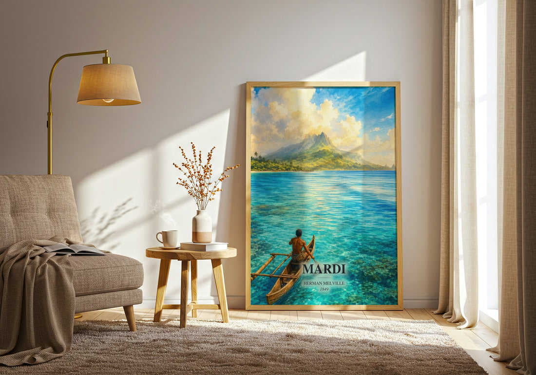 Mardi watercolour print in frame leaning in hallway – adventure wall art (mockup)