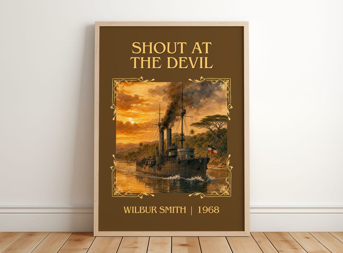 Shout at the Devil Classic Book Art Print by Wilbur Smith – framed print leaning on a wooden floor