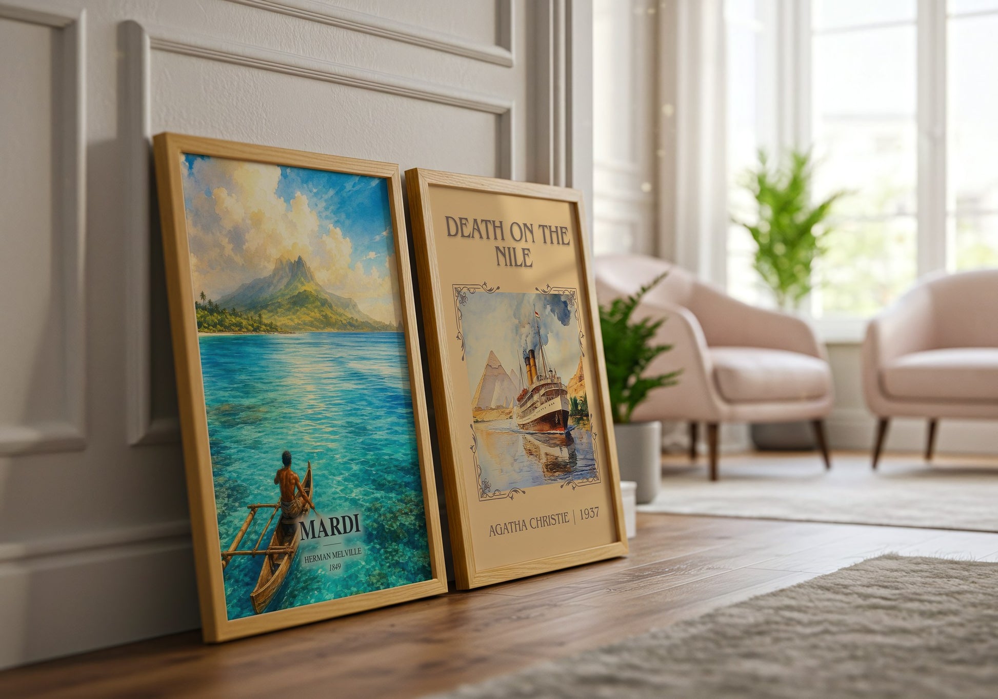 Mardi watercolour print framed by window – literary home decor