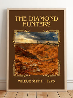 The Diamond Hunters Classic Book Art Print by Wilbur Smith – framed print leaning on a wooden floor